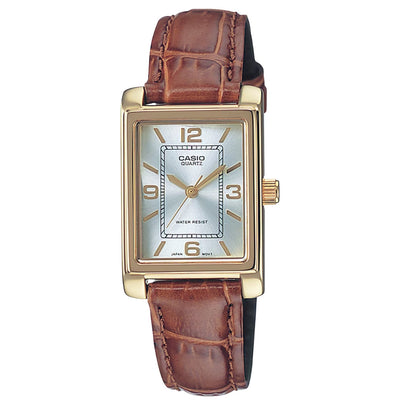 Casio Collection LTP-1234PGL-7AEG analog damklocka med silver urtavla och armband i läder