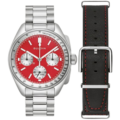 Bulova Lunar Pilot 96K115 analog herrklocka med rött urtavla och armband i rostfritt stål
