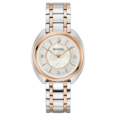 Bulova Classic Duality Diamond 98P219 analog damklocka med silver urtavla och armband i rostfritt stål