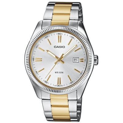 Casio Classic LTP-1302PSG-7AVEG analog damklocka med vit urtavla och armband i rostfritt stål