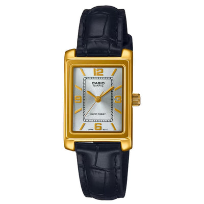 Casio Timeless LTP-1234PGL-7A2EF analog damklocka med silver urtavla och armband i läder