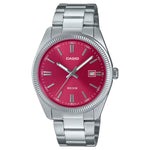 Casio Timeless MTP-1302PD-4AVEF analog herrklocka med rött urtavla och armband i rostfritt stål