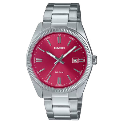 Casio Timeless MTP-1302PD-4AVEF analog herrklocka med rött urtavla och armband i rostfritt stål