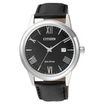 Citizen Eco-Drive AW1231-07E analog herrklocka med svart urtavla och armband i läder