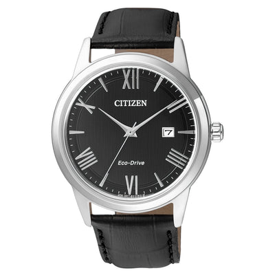 Citizen Eco-Drive AW1231-07E analog herrklocka med svart urtavla och armband i läder