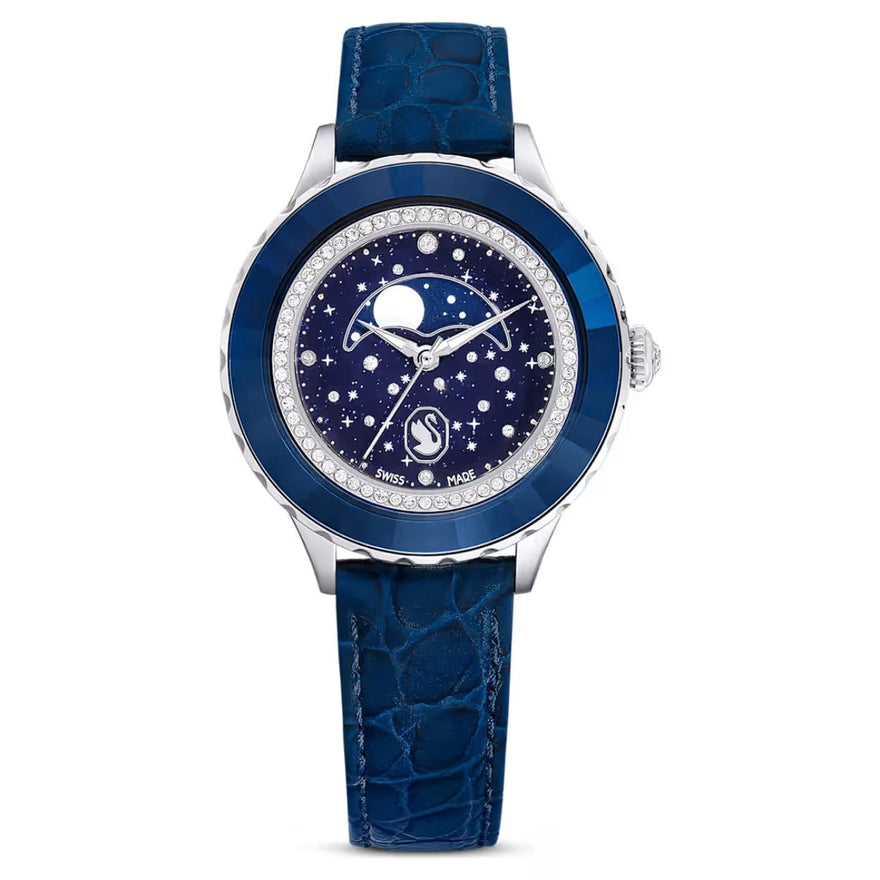 Swarovski Octea moon 5677494 analog damklocka med blå urtavla och armband i skinn