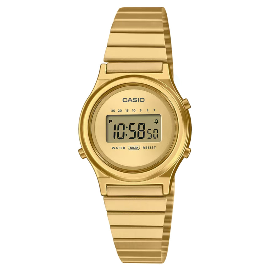Casio Vintage LA700WEG-9AEF digital damklocka med guld urtavla och armband i rostfritt stål