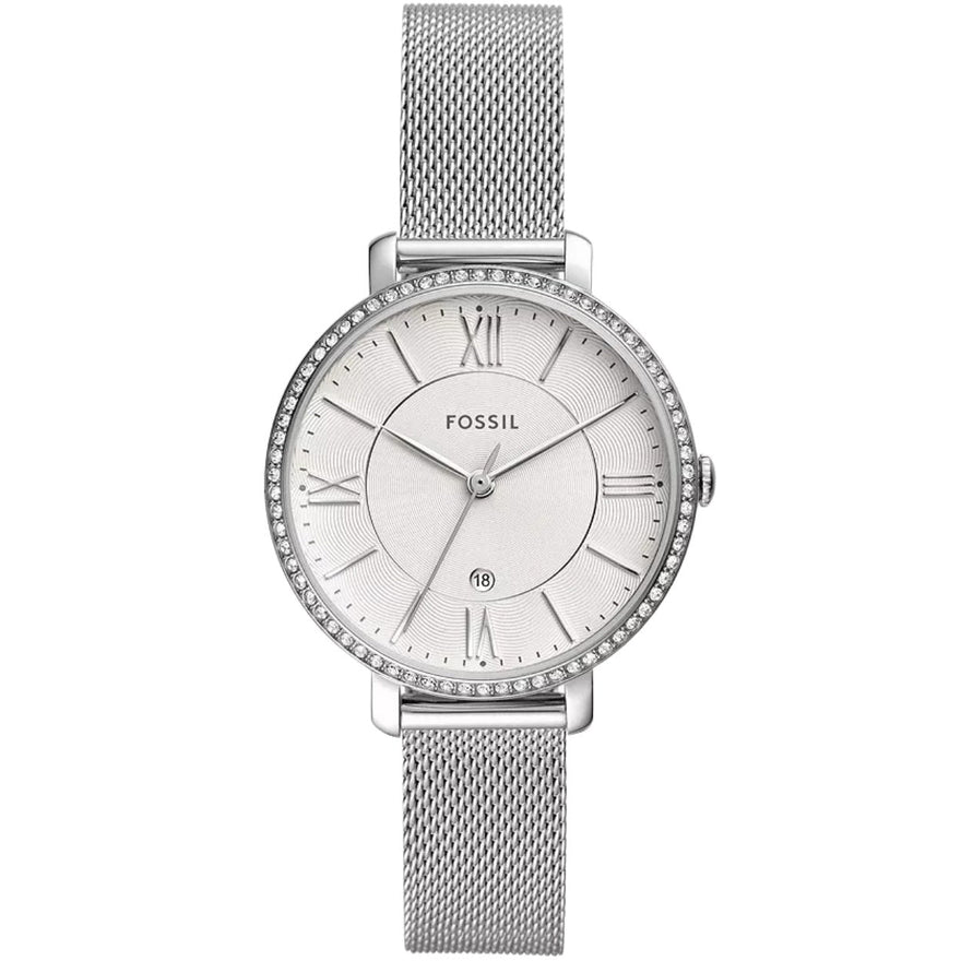 Fossil Jacqueline ES4627 analog damklocka med silver urtavla och armband i rostfritt stål