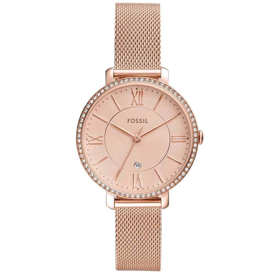 Fossil Jacqueline ES4628 analog damklocka med roséguld urtavla och armband i rostfritt stål