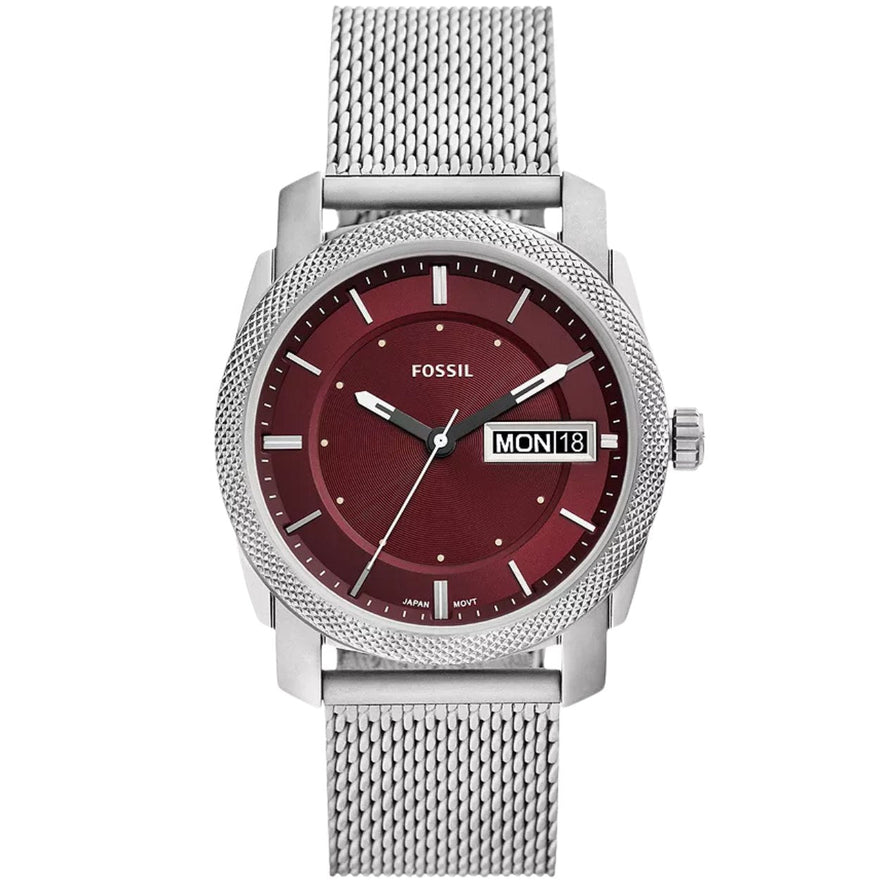 Fossil Machine FS6014 analog herrklocka med rött urtavla och armband i rostfritt stål
