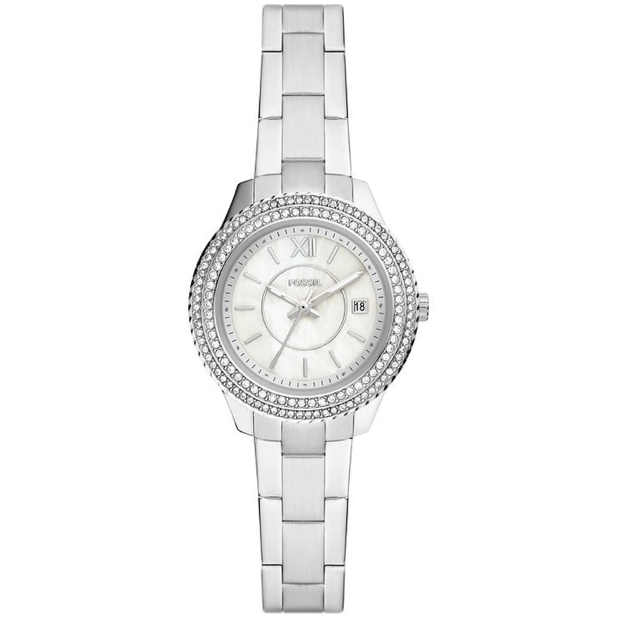 Fossil Stella ES5137 analog damklocka med silver urtavla och armband i rostfritt stål
