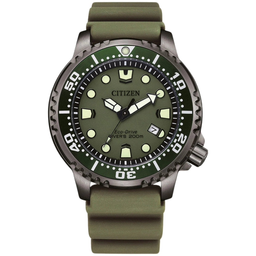 Citizen Promaster Eco-Drive BN0157-11X analog herrklocka med grön urtavla och armband i gummi