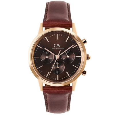 Daniel Wellington Iconic Chronograph St Mawes Amber RG analog herrklocka med brun urtavla och armband i läder