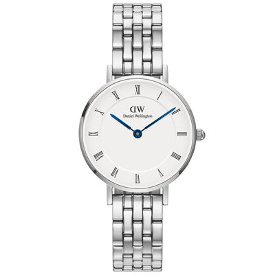 Daniel Wellington Petite Roman Numerals 5-Link Silver DW00100685 analog damklocka med vit urtavla och armband i rostfritt stål