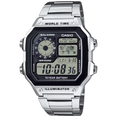Casio Timeless AE-1200WHD-1AVEF digital herrklocka med svart urtavla och armband i rostfritt stål