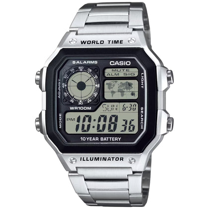 Casio Timeless AE-1200WHD-1AVEF digital herrklocka med svart urtavla och armband i rostfritt stål