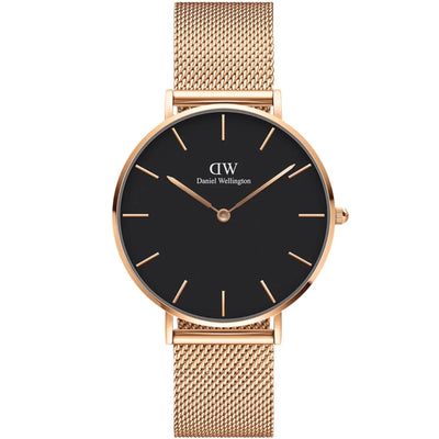 Daniel Wellington Petite Melrose DW00100217 analog damklocka med svart urtavla och armband i rostfritt stål
