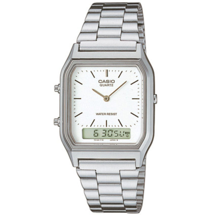 Casio Vintage AQ-230A-7DMQYES ana-digi herrklocka med vit urtavla och armband i rostfritt stål