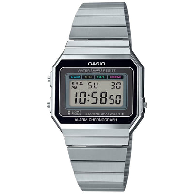 Casio Vintage A700WE-1AEF digital herrklocka med svart urtavla och armband i rostfritt stål