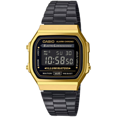 Casio Vintage A168WEGB-1BEF digital herrklocka med svart urtavla och armband i rostfritt stål