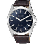 Citizen Eco Drive BM7108-22L analog herrklocka med blå urtavla och armband i läder