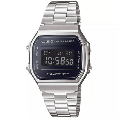 Casio Vintage A168WEM-1EF digital herrklocka med svart urtavla och armband i rostfritt stål