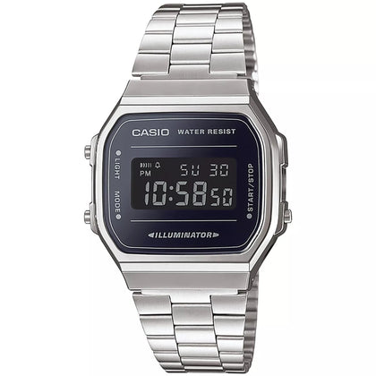 Casio Vintage A168WEM-1EF digital herrklocka med svart urtavla och armband i rostfritt stål