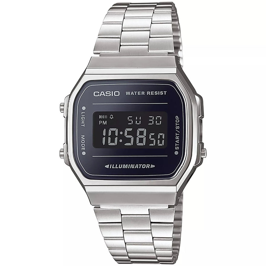 Casio Vintage A168WEM-1EF digital herrklocka med svart urtavla och armband i rostfritt stål