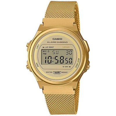 Casio Vintage A171WEMG-9AEF digital herrklocka med guld urtavla och armband i rostfritt stål