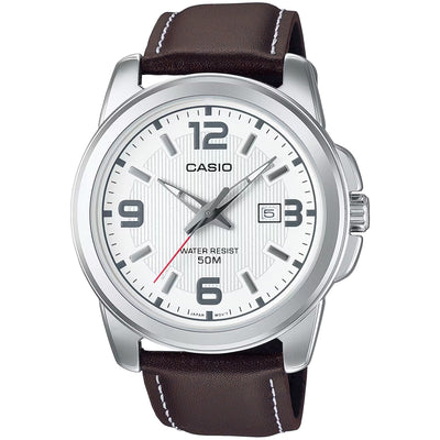 Casio Collection MTP-1314PL-7AVEF analog herrklocka med vit urtavla och armband i läder