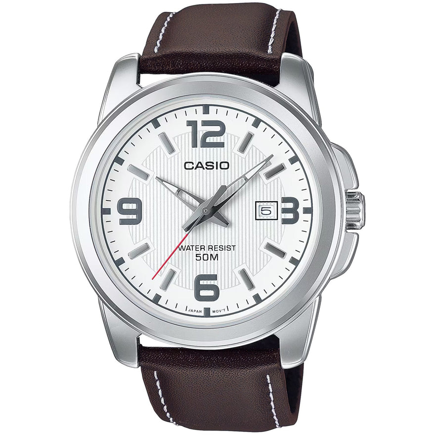 Casio Collection MTP-1314PL-7AVEF analog herrklocka med vit urtavla och armband i läder