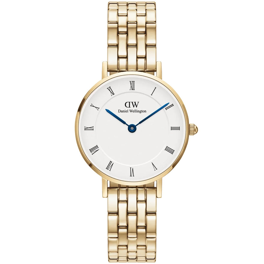 Daniel Wellington Petite Roman Numerals 5-Link DW00100682 analog damklocka med vit urtavla och armband i rostfritt stål