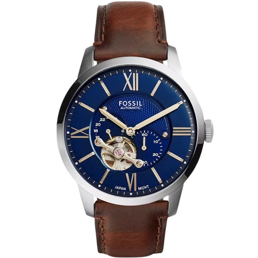 Fossil Townsman Automatisk ME3110 analog herrklocka med blå urtavla och armband i läder