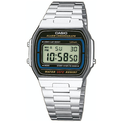 Casio Vintage A164WA-1VES digital herrklocka med svart urtavla och armband i rostfritt stål