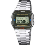 Casio Vintage A163WA-1QES digital unisexklocka med svart urtavla och armband i rostfritt stål
