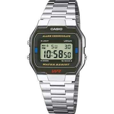 Casio Vintage A163WA-1QES digital unisexklocka med svart urtavla och armband i rostfritt stål