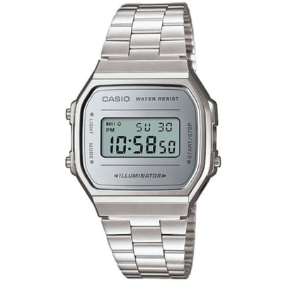 Casio Vintage A168WEM-7EF digital unisexklocka med silver urtavla och armband i rostfritt stål