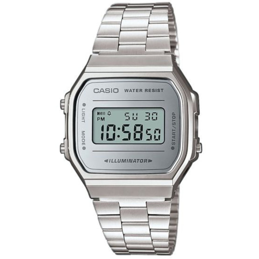 Casio Vintage A168WEM-7EF digital unisexklocka med silver urtavla och armband i rostfritt stål