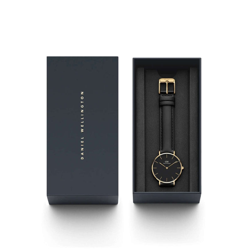 Daniel Wellington Petite Sheffield Gold DW00100547 analog damklocka med svart urtavla och armband i läder