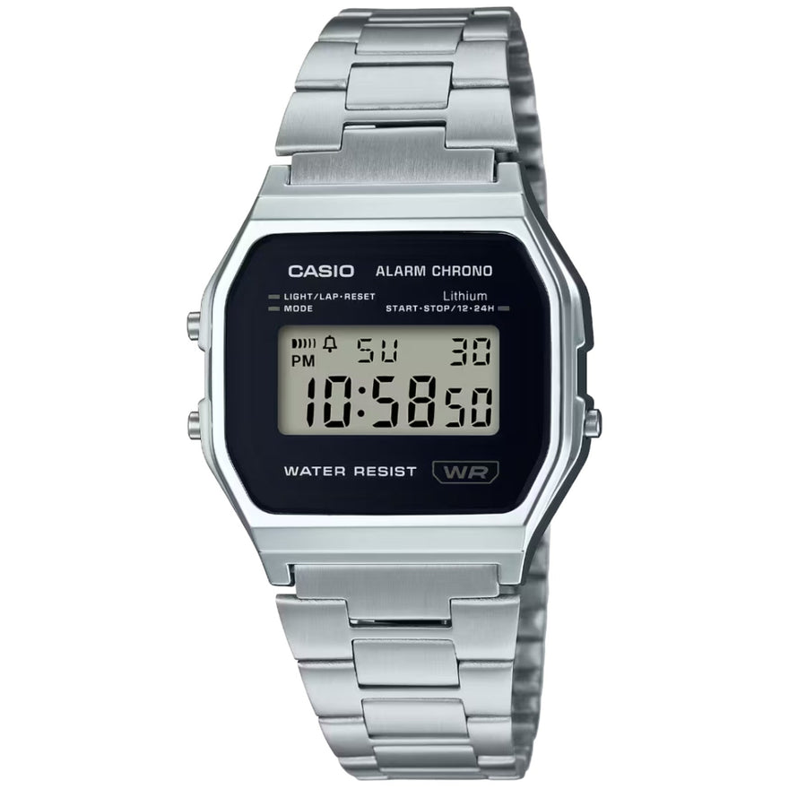 Casio Vintage A158WEA-1EF digital herrklocka med svart urtavla och armband i rostfritt stål