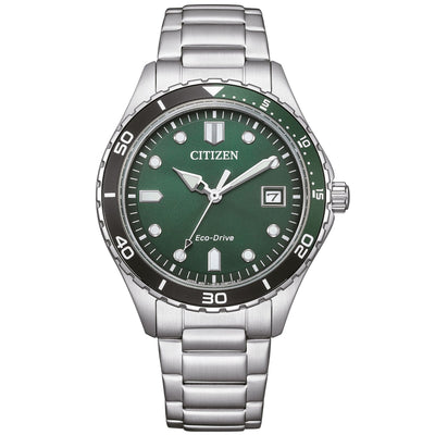 Citizen Eco-Drive AW1828-80X analog damklocka med grön urtavla och armband i rostfritt stål