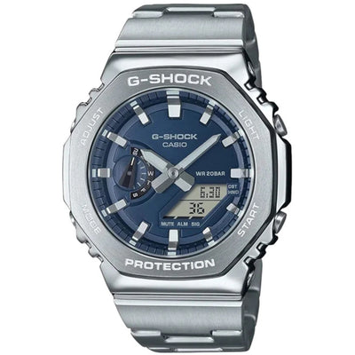 Casio G-SHOCK GM-2110D-2BER ana-digi herrklocka med blå urtavla och armband i rostfritt stål