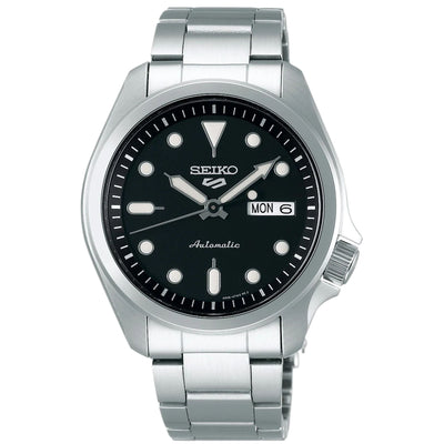 Seiko 5 Sports SRPE55K1 analog herrklocka med svart urtavla och armband i rostfritt stål