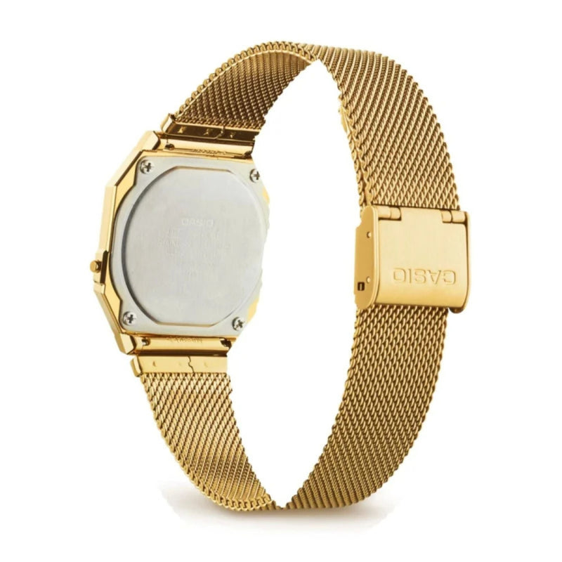 Casio Vintage A700WEMG-9AEF digital damklocka med guld urtavla och armband i rostfritt stål