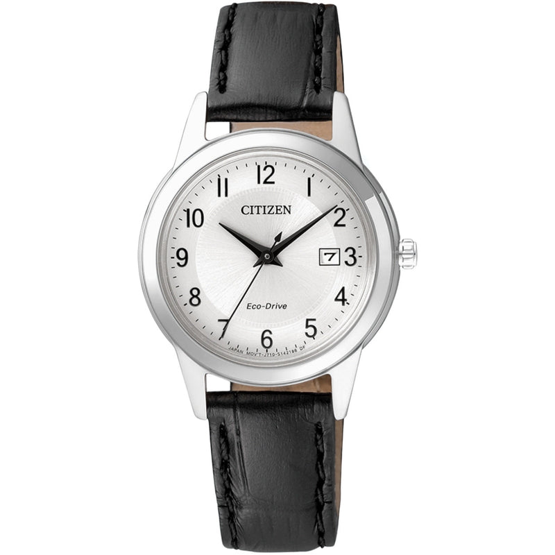 Citizen Eco-Drive FE1081-08A analog damklocka med vit urtavla och armband i läder