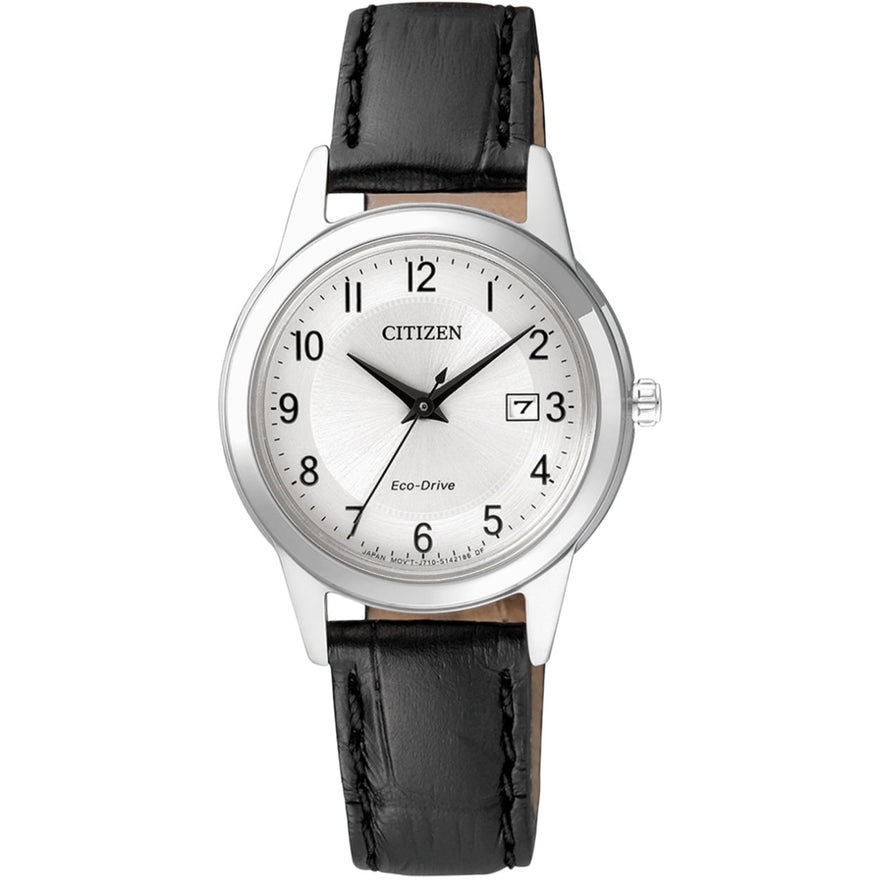 Citizen Eco-Drive FE1081-08A analog damklocka med vit urtavla och armband i läder