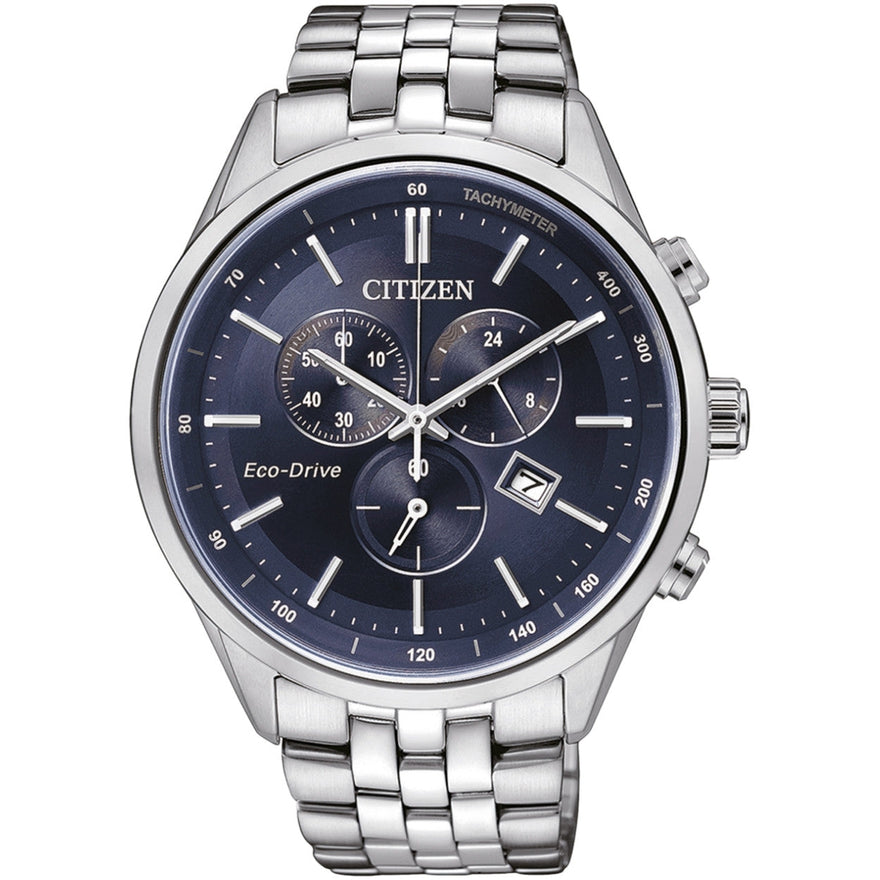 Citizen Kronograf Eco-Drive AT2141-52L analog herrklocka med blå urtavla och armband i rostfritt stål