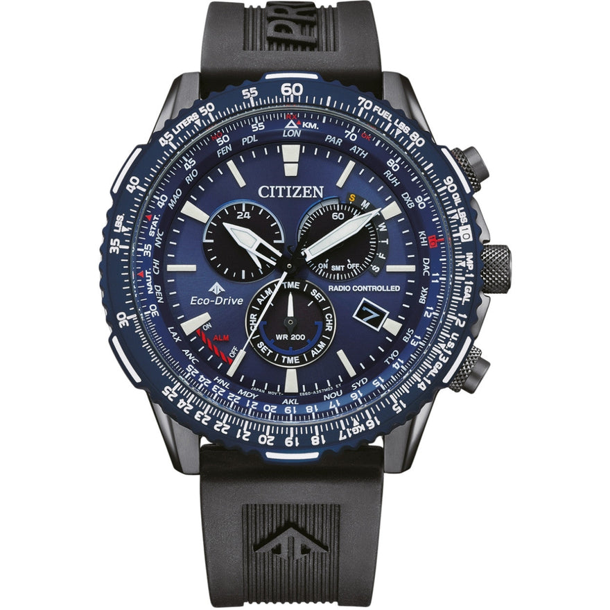 Citizen Eco Drive Radio Controlled CB5006-02L analog herrklocka med blå urtavla och armband i silikon