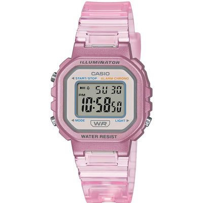 Casio POP LA-20WHS-4AEF digital damklocka med rosa urtavla och armband i resin