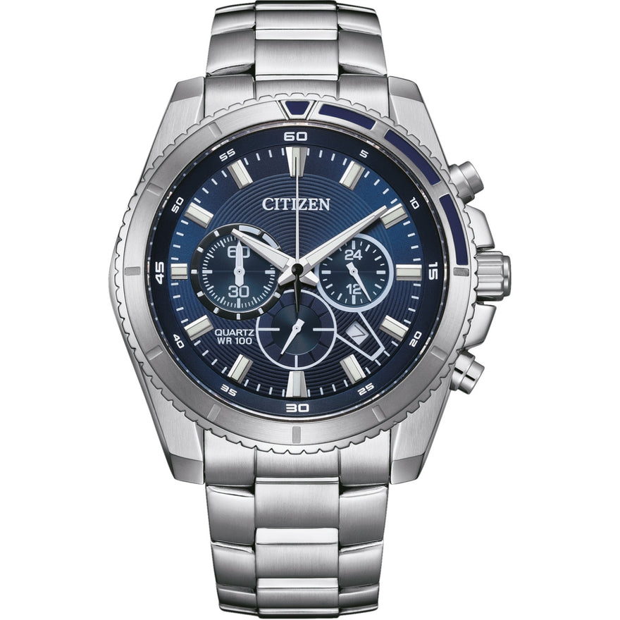Citizen AQ Kronograf AN8201-57L analog herrklocka med blå urtavla och armband i rostfritt stål